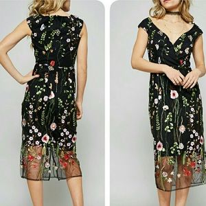 Promesa V-Neck Midi Dress w/ embroidered overlay